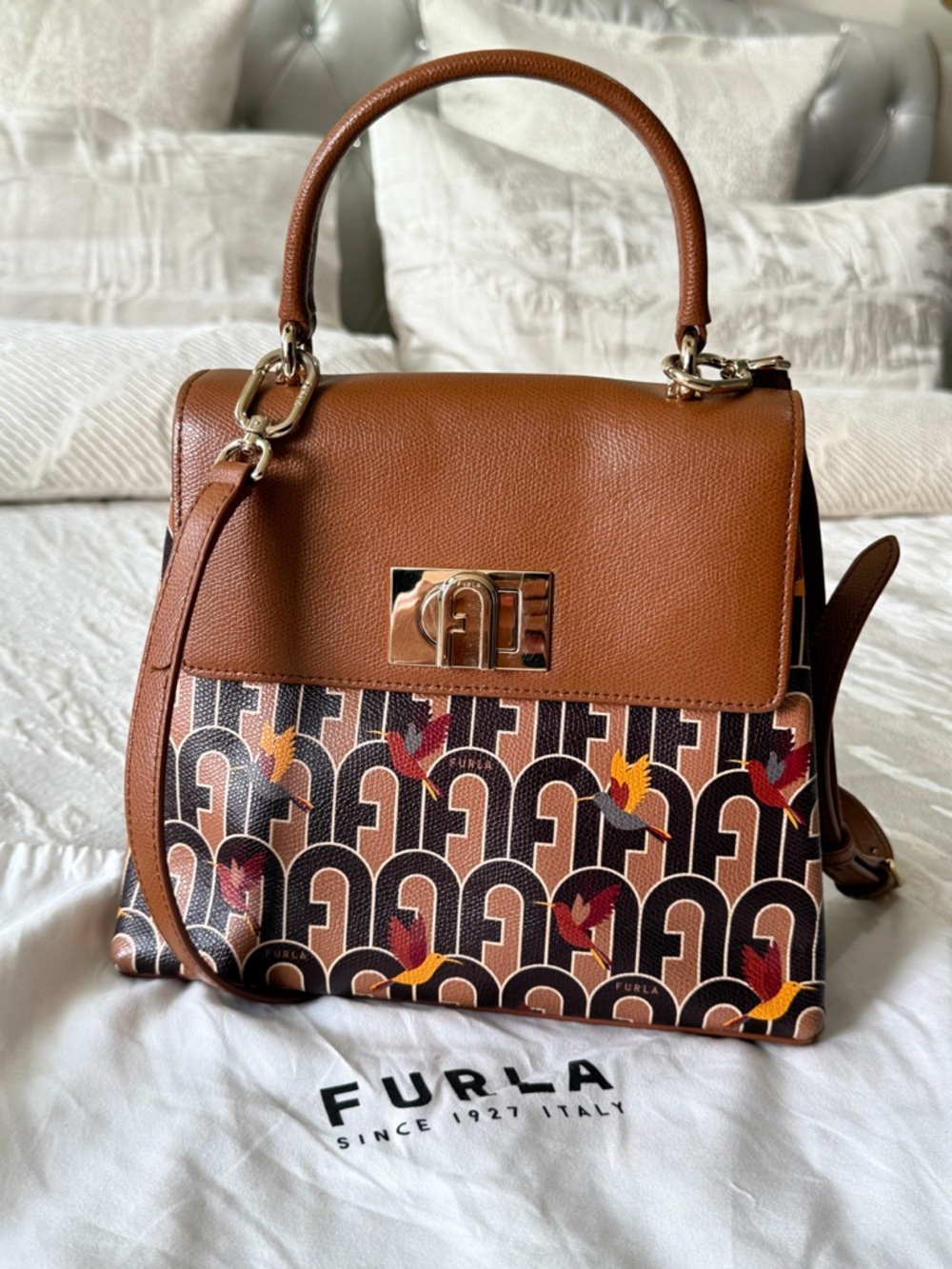 Furla Brown Leather Top-Handle Satchel with Signature Print and Floral Accents